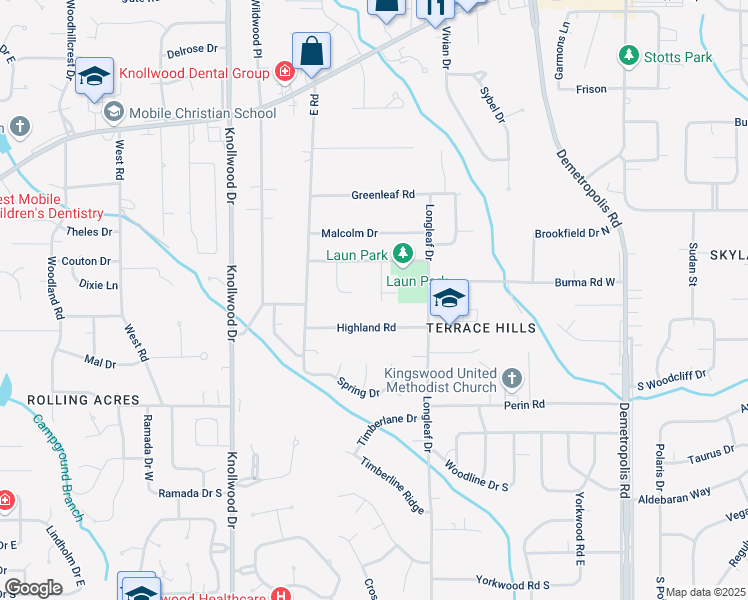 map of restaurants, bars, coffee shops, grocery stores, and more near 2612 Ward Road in Mobile