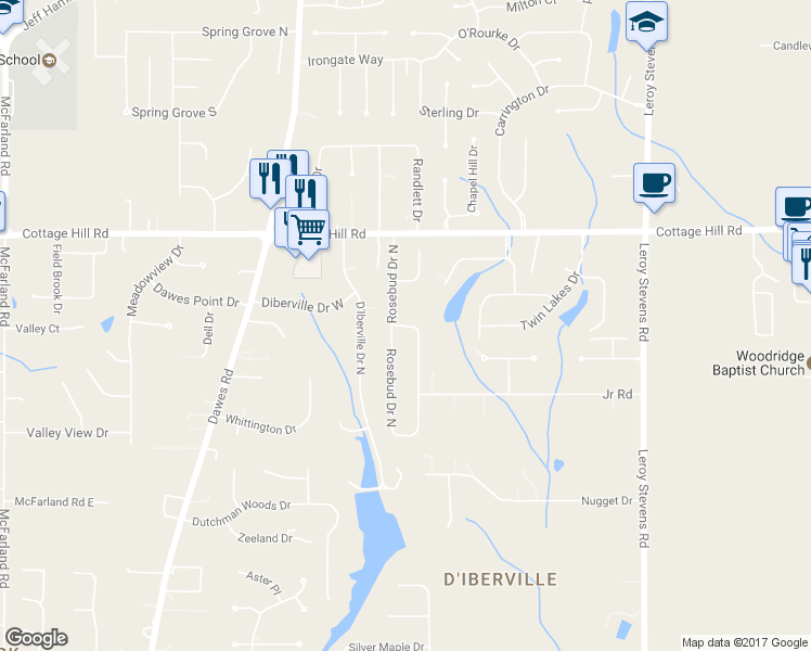 map of restaurants, bars, coffee shops, grocery stores, and more near Rosebud Drive North in Mobile