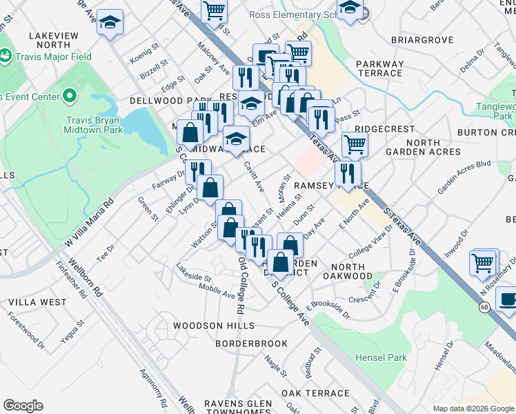 map of restaurants, bars, coffee shops, grocery stores, and more near 3405 Sandra Drive in Bryan