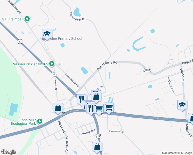 map of restaurants, bars, coffee shops, grocery stores, and more near 86119 Florida Avenue in Yulee