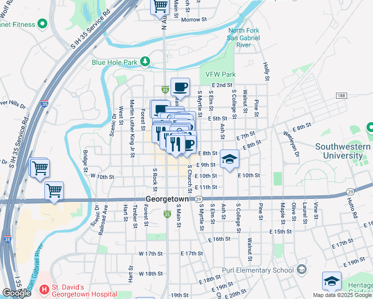 map of restaurants, bars, coffee shops, grocery stores, and more near 113 East 8th Street in Georgetown