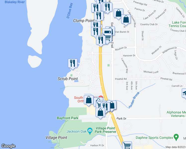 map of restaurants, bars, coffee shops, grocery stores, and more near 2054 Sea Cliff Drive North in Daphne
