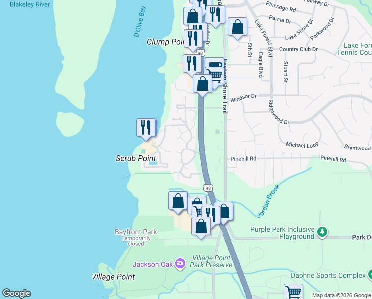map of restaurants, bars, coffee shops, grocery stores, and more near 2054 Sea Cliff Drive North in Daphne