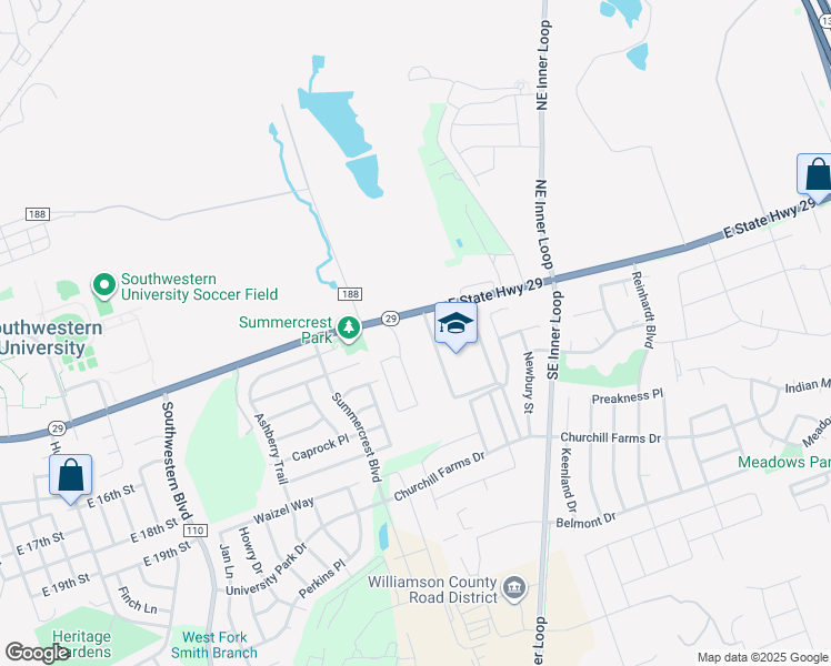 map of restaurants, bars, coffee shops, grocery stores, and more near 2600 East University Avenue in Georgetown