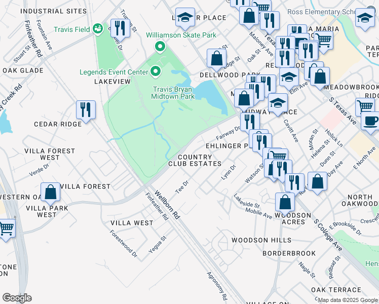 map of restaurants, bars, coffee shops, grocery stores, and more near 308 Fairway Drive in Bryan