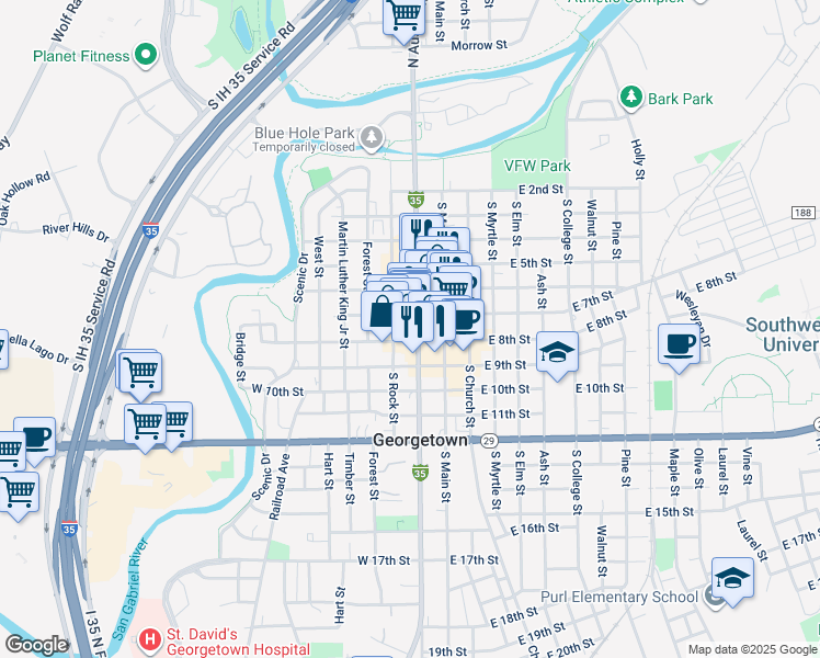 map of restaurants, bars, coffee shops, grocery stores, and more near 624 South Austin Avenue in Georgetown