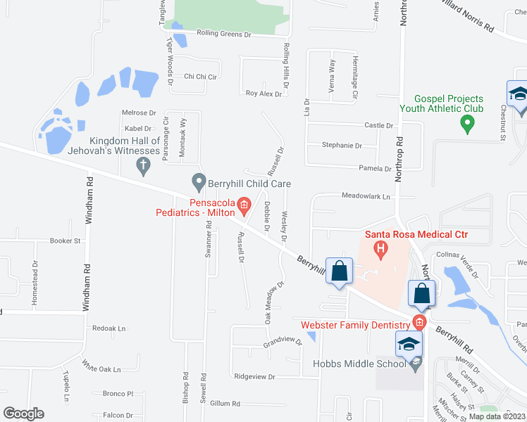 map of restaurants, bars, coffee shops, grocery stores, and more near 5555 Debbie Drive in Milton