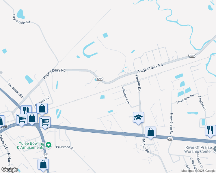map of restaurants, bars, coffee shops, grocery stores, and more near 86242 Pages Dairy Road in Yulee