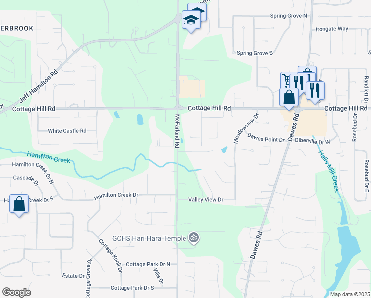 map of restaurants, bars, coffee shops, grocery stores, and more near 9155 Field Brook Court in Mobile