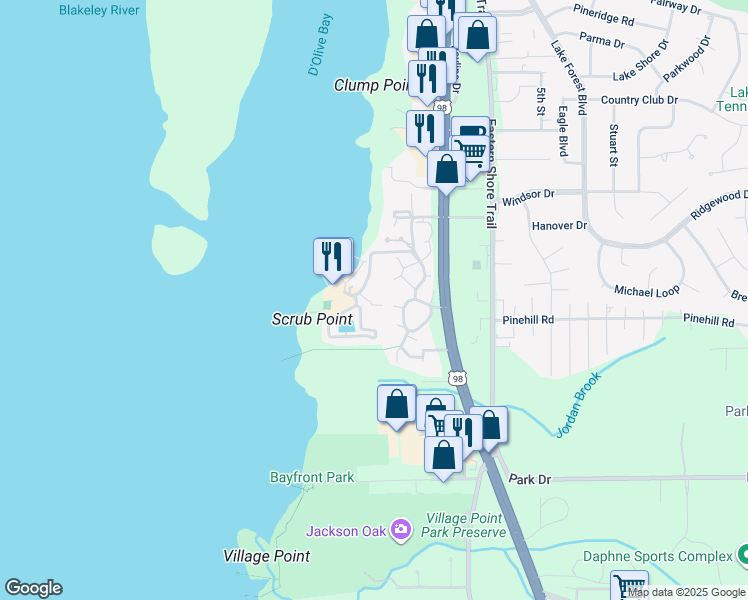 map of restaurants, bars, coffee shops, grocery stores, and more near 1015 Sea Cliff Drive North in Daphne