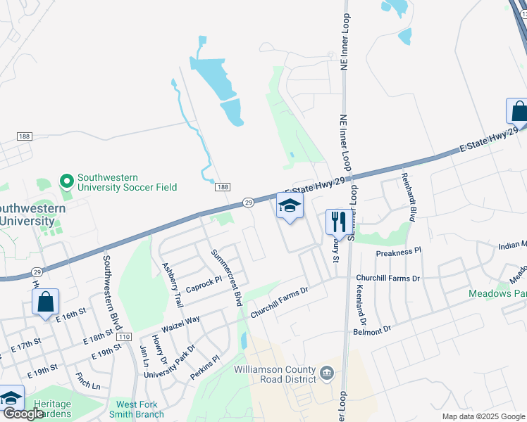 map of restaurants, bars, coffee shops, grocery stores, and more near 2800 East University Avenue in Georgetown