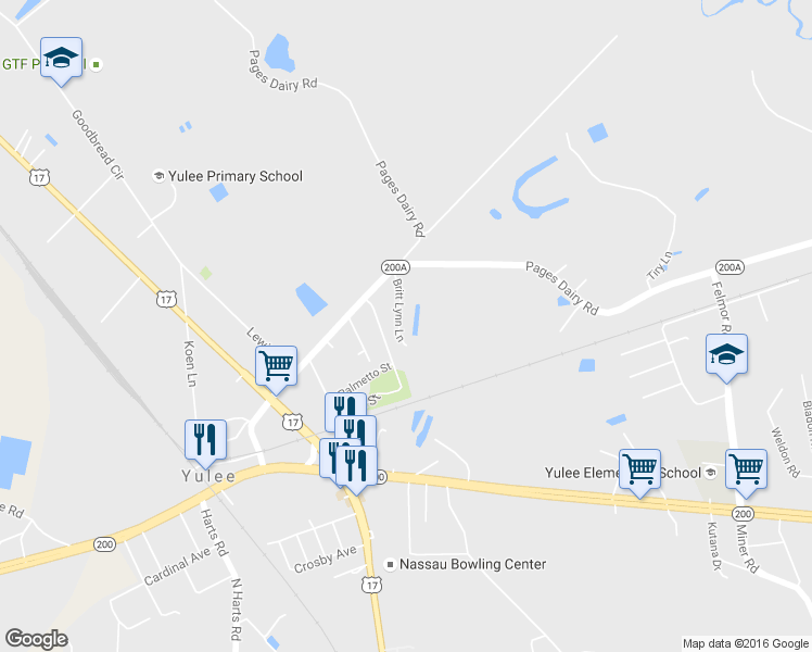 map of restaurants, bars, coffee shops, grocery stores, and more near 86136 Britt Lynn Lane in Yulee