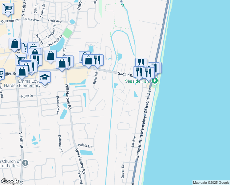 map of restaurants, bars, coffee shops, grocery stores, and more near 2315 High Rigger Road in Fernandina Beach
