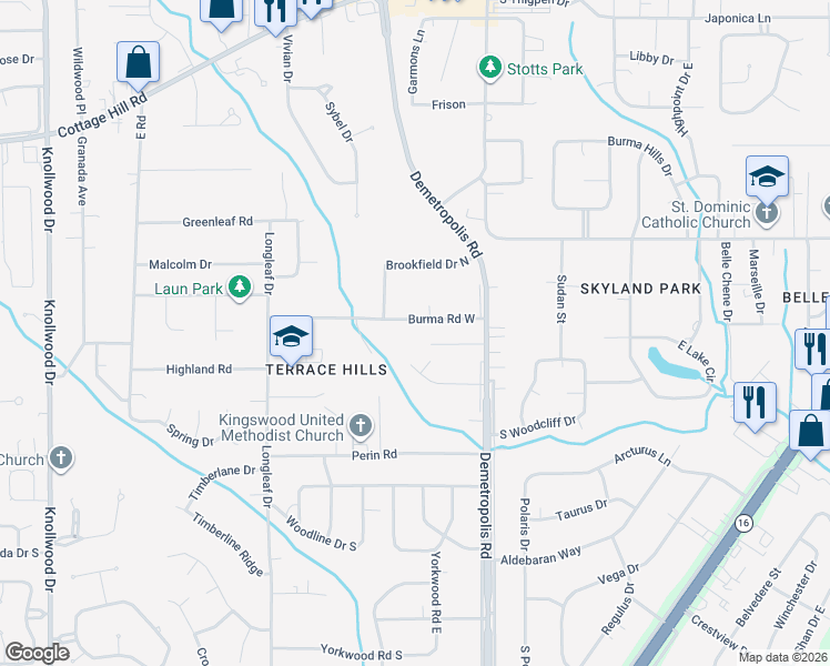map of restaurants, bars, coffee shops, grocery stores, and more near 5025 Burma Road West in Mobile