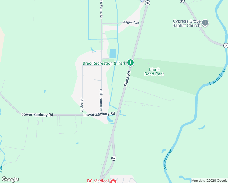 map of restaurants, bars, coffee shops, grocery stores, and more near 19233 Plank Road in Zachary