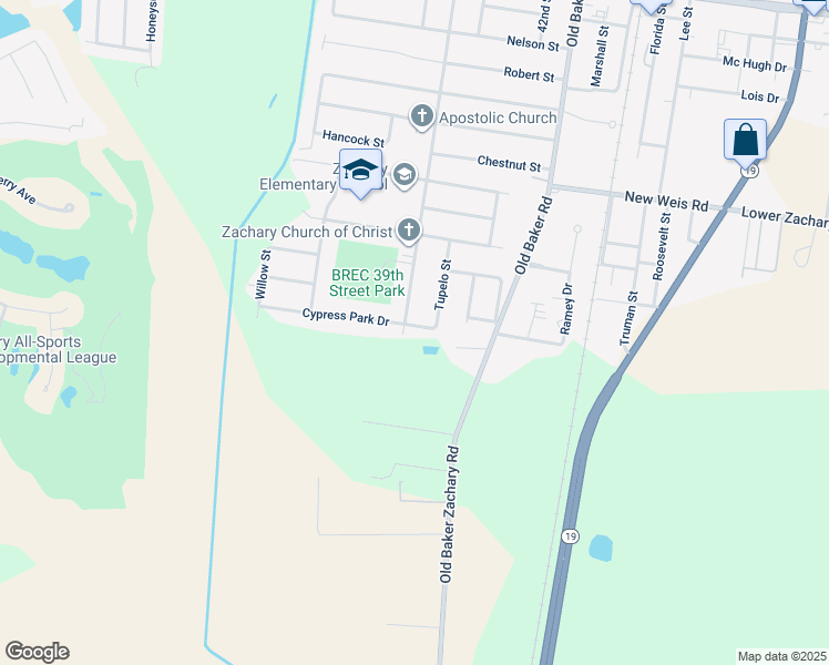 map of restaurants, bars, coffee shops, grocery stores, and more near 3920 Cypress Park Drive in Zachary
