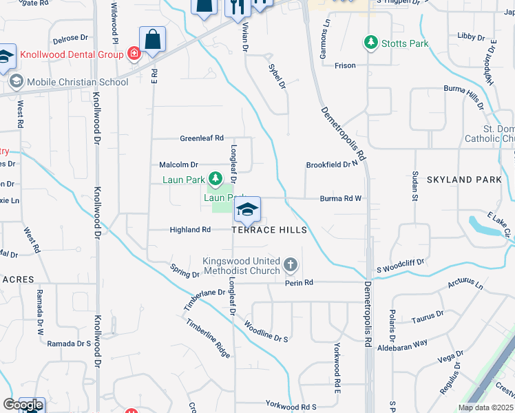 map of restaurants, bars, coffee shops, grocery stores, and more near 5213 Burma Road West in Mobile