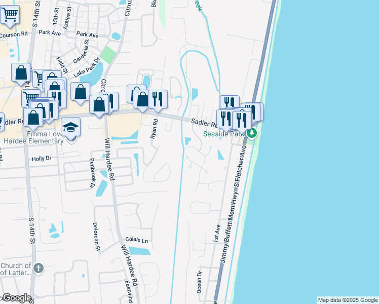 map of restaurants, bars, coffee shops, grocery stores, and more near 2315 High Rigger Road in Fernandina Beach