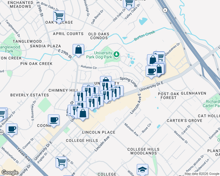 map of restaurants, bars, coffee shops, grocery stores, and more near in College Station