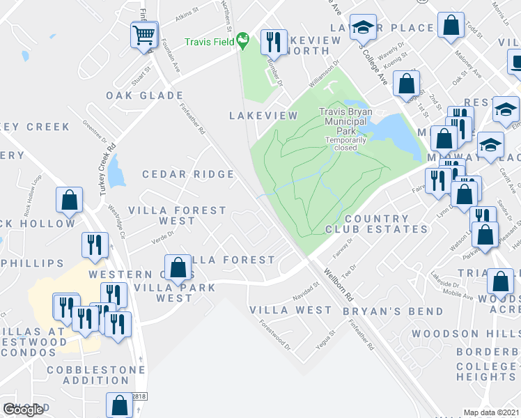 map of restaurants, bars, coffee shops, grocery stores, and more near 3150 Finfeather Road in Bryan