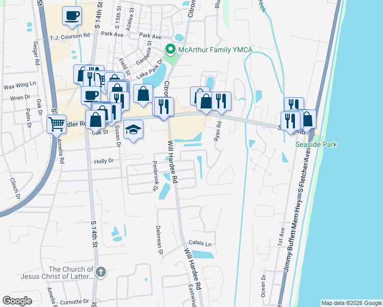 map of restaurants, bars, coffee shops, grocery stores, and more near 2159 Captain Kidd Drive in Fernandina Beach