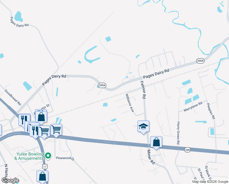 map of restaurants, bars, coffee shops, grocery stores, and more near 86254 Pages Dairy Road in Yulee