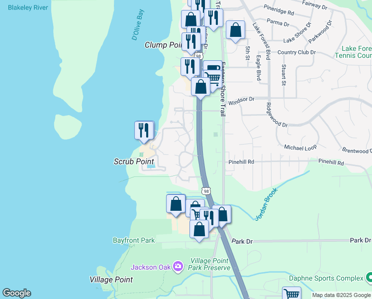 map of restaurants, bars, coffee shops, grocery stores, and more near 1078 Sea Cliff Drive North in Daphne
