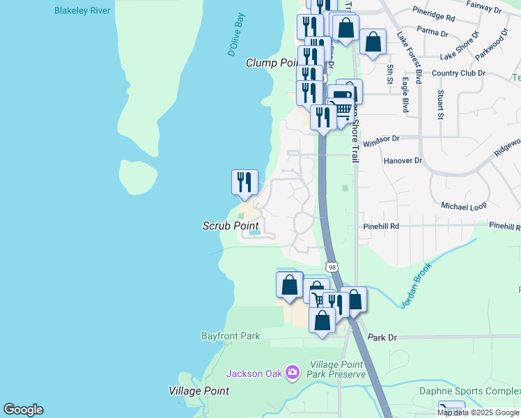 map of restaurants, bars, coffee shops, grocery stores, and more near 3 Yacht Club Drive in Daphne