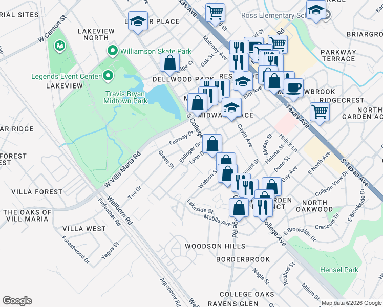 map of restaurants, bars, coffee shops, grocery stores, and more near 114 Ehlinger Drive in Bryan
