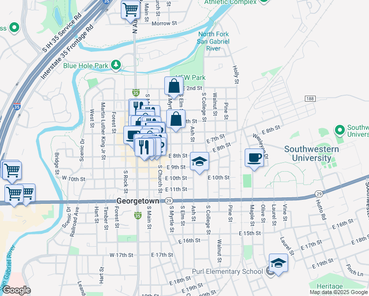 map of restaurants, bars, coffee shops, grocery stores, and more near 404 East 7th Street in Georgetown