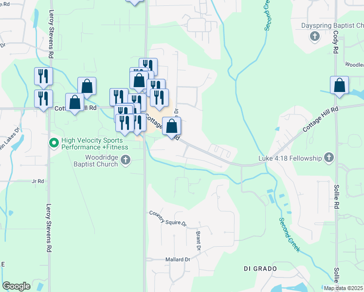 map of restaurants, bars, coffee shops, grocery stores, and more near 2590 Cumberland Drive in Mobile