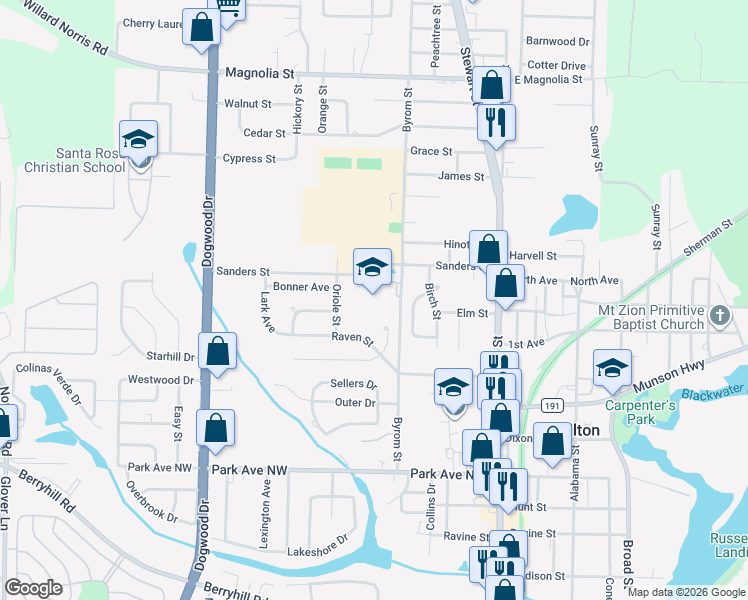 map of restaurants, bars, coffee shops, grocery stores, and more near 5563 Byrom Street in Milton