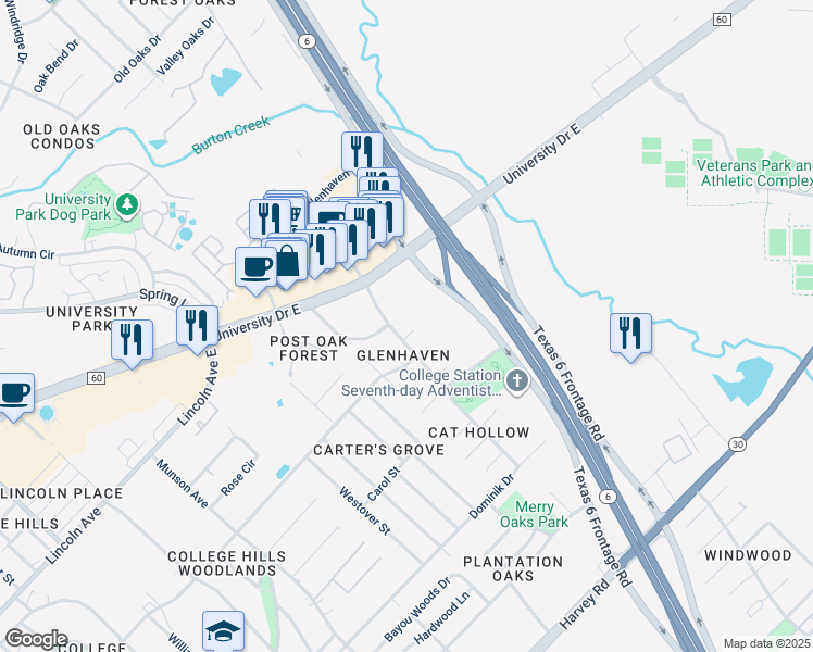 map of restaurants, bars, coffee shops, grocery stores, and more near Glenhaven Drive in College Station