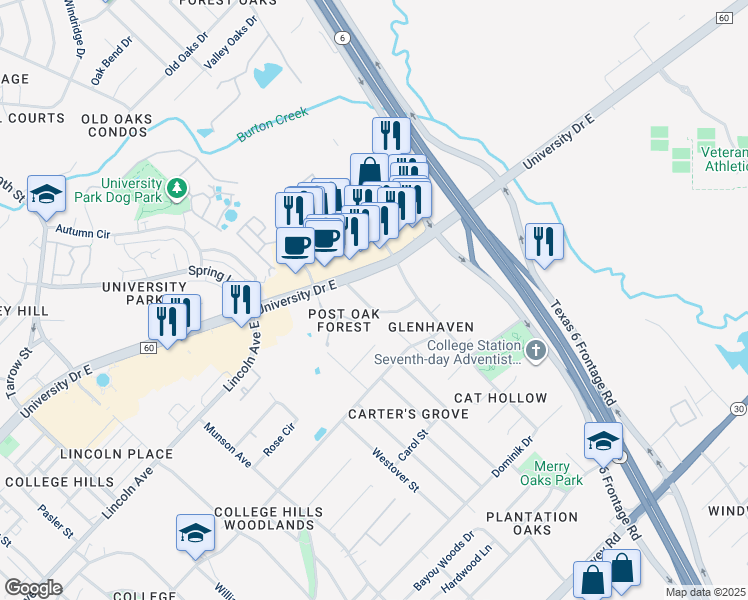 map of restaurants, bars, coffee shops, grocery stores, and more near 1600 University Drive East in College Station