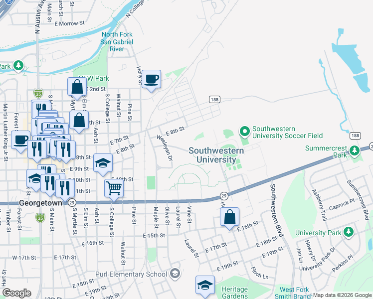 map of restaurants, bars, coffee shops, grocery stores, and more near Southwestern Blvd in Georgetown