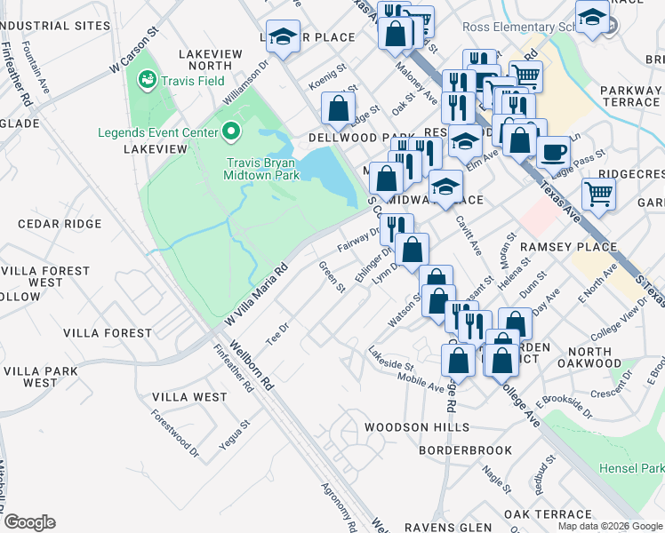 map of restaurants, bars, coffee shops, grocery stores, and more near 207 Fairway Drive in Bryan