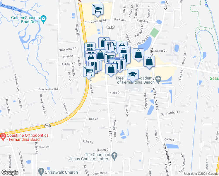 map of restaurants, bars, coffee shops, grocery stores, and more near 1410 Cashen Drive in Fernandina Beach