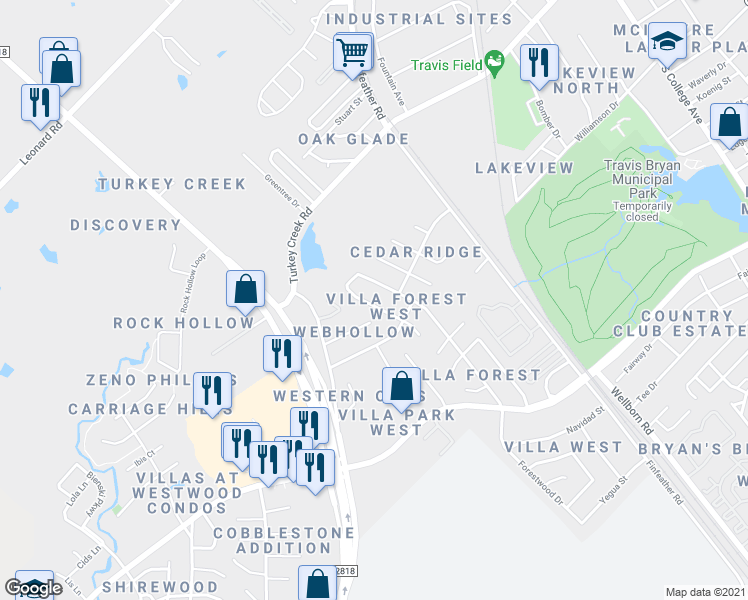 map of restaurants, bars, coffee shops, grocery stores, and more near 2835 Forest Bend Drive in Bryan