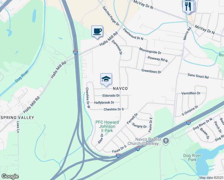 map of restaurants, bars, coffee shops, grocery stores, and more near 2659 Greenbrier Drive South in Mobile