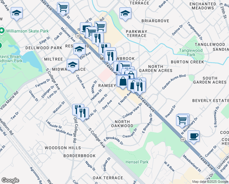 map of restaurants, bars, coffee shops, grocery stores, and more near 400 Dunn Street in Bryan