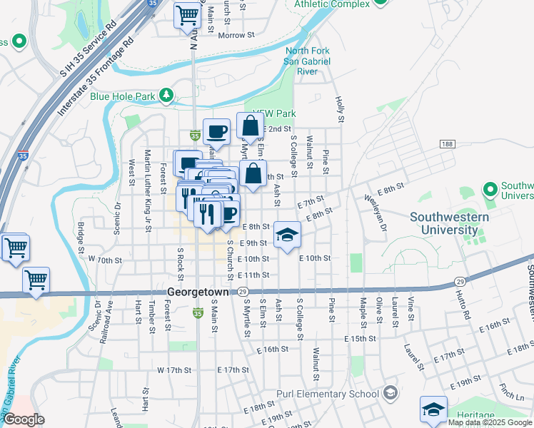 map of restaurants, bars, coffee shops, grocery stores, and more near 404 East 7th Street in Georgetown