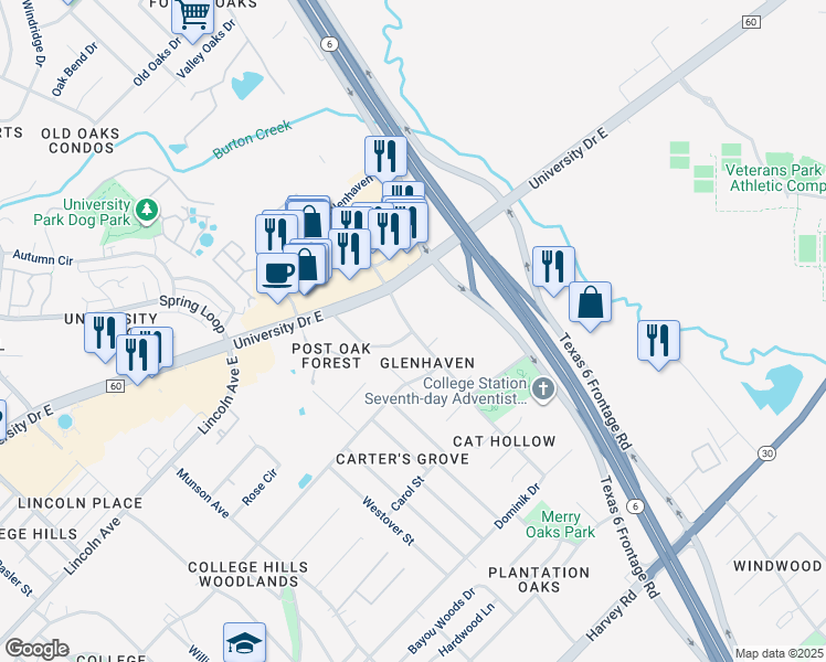 map of restaurants, bars, coffee shops, grocery stores, and more near Glenhaven Drive in College Station
