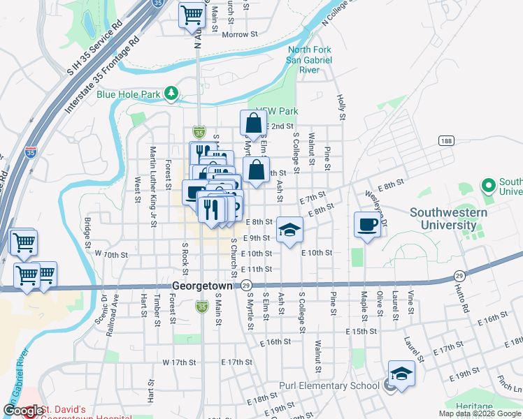 map of restaurants, bars, coffee shops, grocery stores, and more near 404 East 7th Street in Georgetown