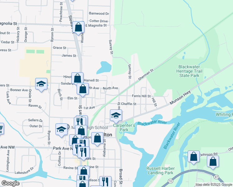 map of restaurants, bars, coffee shops, grocery stores, and more near 5579 Okaloosa Street in Milton