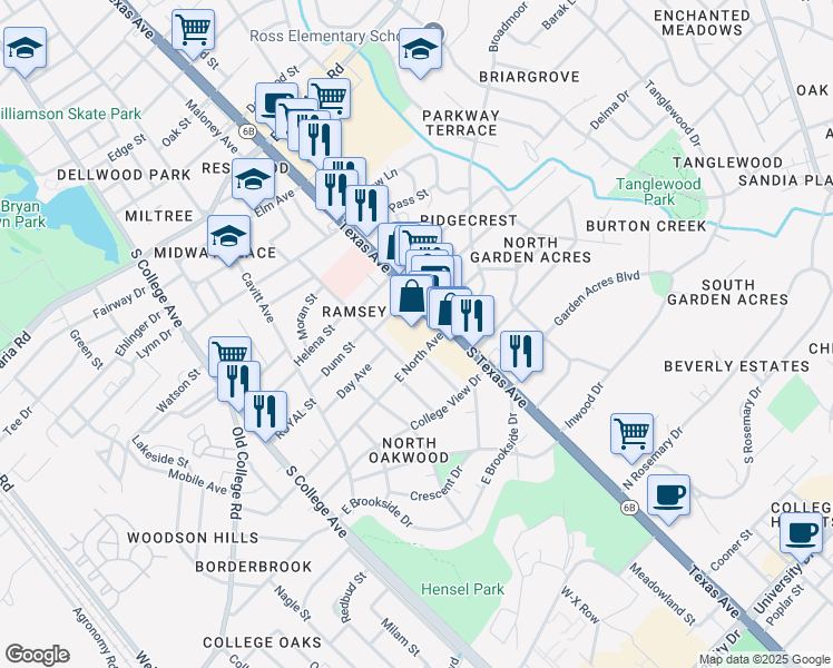 map of restaurants, bars, coffee shops, grocery stores, and more near 3700 Texas Avenue in Bryan