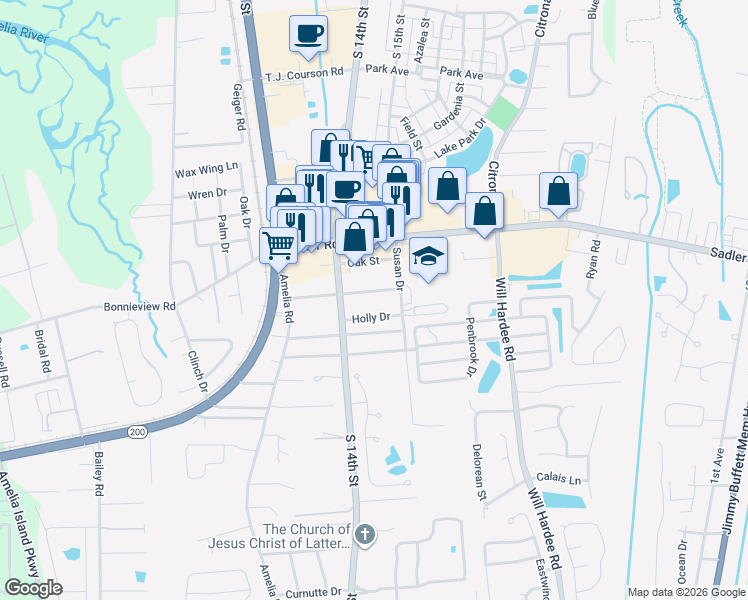 map of restaurants, bars, coffee shops, grocery stores, and more near 1458 Cashen Drive in Fernandina Beach