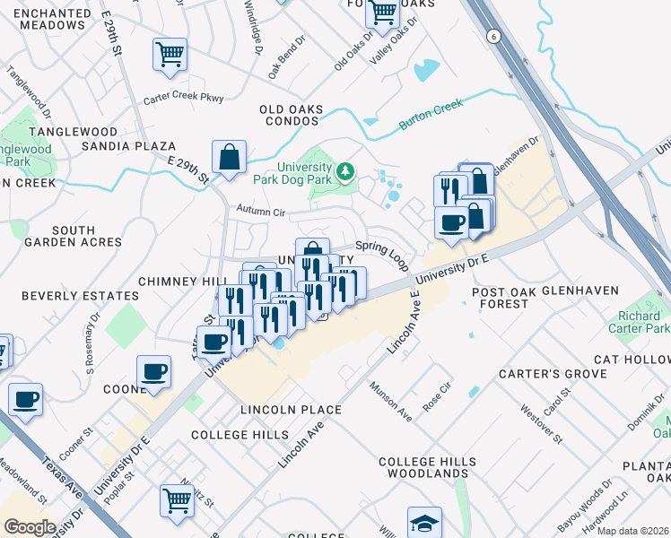 map of restaurants, bars, coffee shops, grocery stores, and more near 1105 Spring Loop in College Station