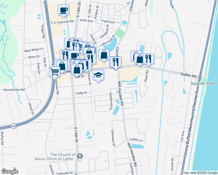 map of restaurants, bars, coffee shops, grocery stores, and more near 1729 Crescent Road in Fernandina Beach