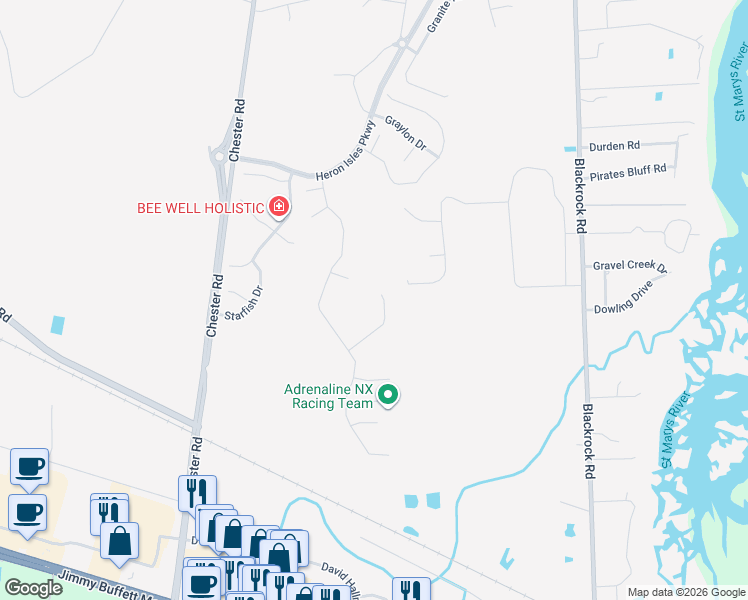 map of restaurants, bars, coffee shops, grocery stores, and more near 96177 Stoney Glen Court in Yulee