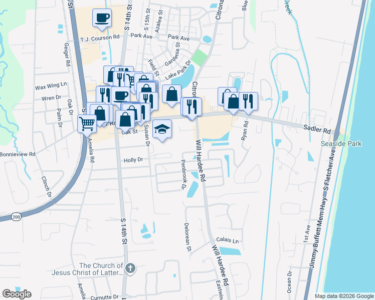 map of restaurants, bars, coffee shops, grocery stores, and more near 1729 Crescent Road in Fernandina Beach